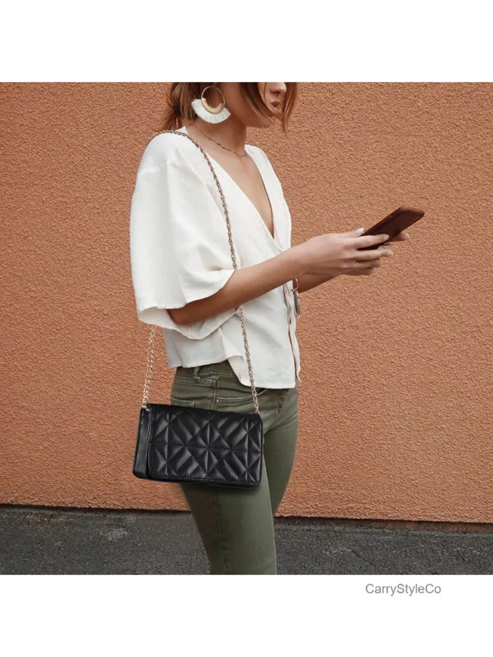 Quilted Faux Leather Crossbody Bag with Gold Chain, Satchel Handbag